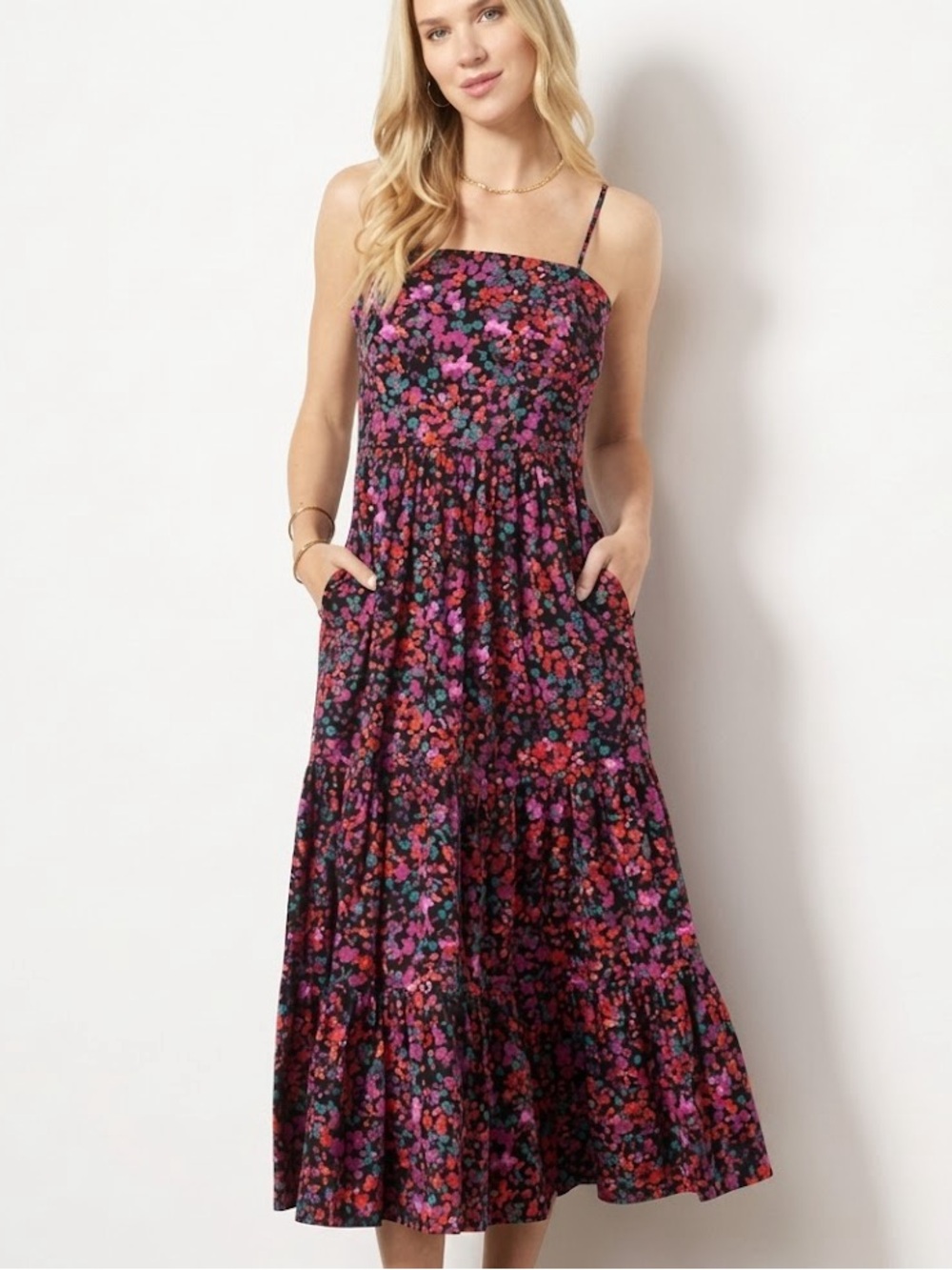 Evereve Aurora BlackFloral Square Neck Tiered Feminine Romantic Midi Dress Large